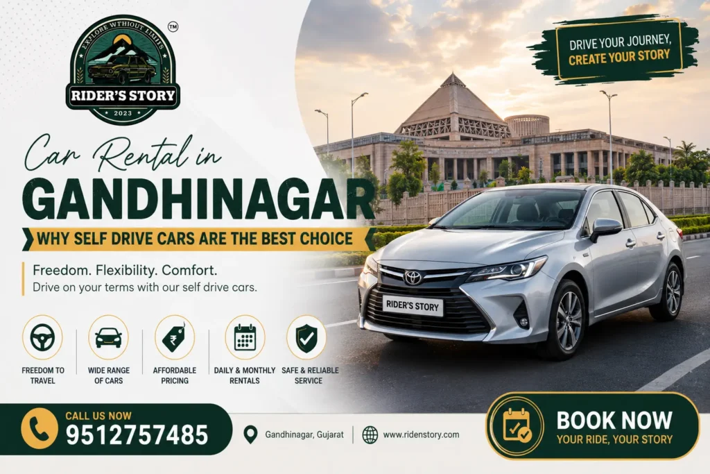 Car rental in Gandhinagar with affordable vehicles for local travel, airport pickup, and outstation trips
