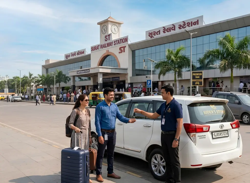 Car rental in Surat Railway Station offering convenient vehicle pickup and comfortable travel for local and outstation journeys